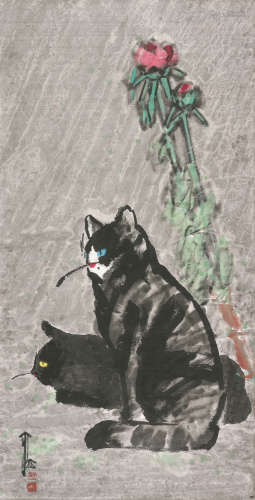 贾平西 (b.1937) 双猫图 设色纸本 镜心