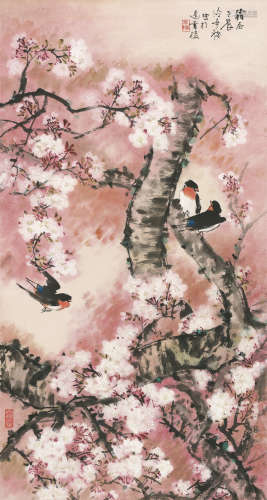 张辛稼 (1909-1991) 樱花小鸟 设色纸本 立轴
