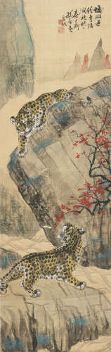 秦古柳、孙保义 （1909-1976） 双豹图 设色绢本 立轴