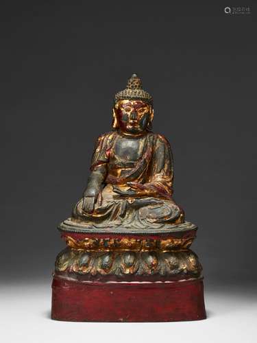 STATUETTE DE BOUDDHA   EN BRONZE LAQUÉ, CHINE, DYNASTIE MING, XVIIe SIÈCLE