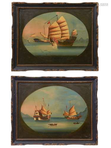 DEUX PEINTURES   ENCADRÉES, HUILE SUR TOILE, ÉCOLE CHINOISE, CHINE, XIXe SIÈCLE