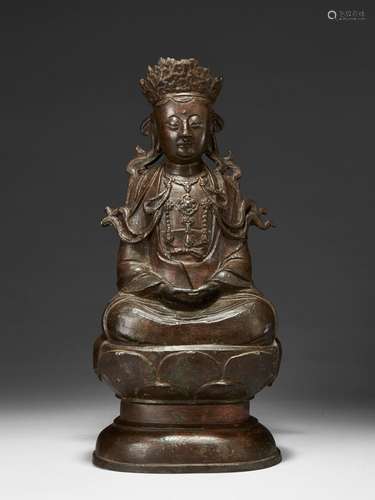 STATUETTE DE   BODHISATTVA EN BRONZE, CHINE, FIN DE LA DYNASTIE MING, XVIIe SIÈCLE