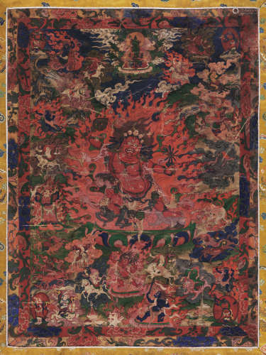18世纪 苯教护法唐卡 棉布矿物胶彩