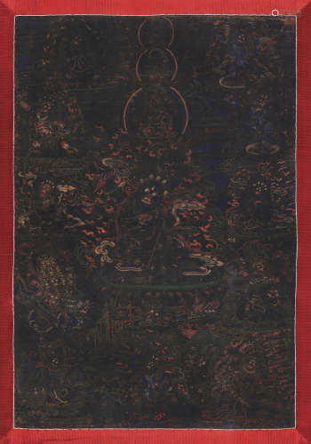 18世纪 黑袍护法唐卡 棉布矿物胶彩