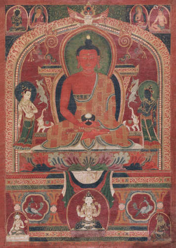15世纪 阿弥陀佛唐卡 棉布矿物胶彩