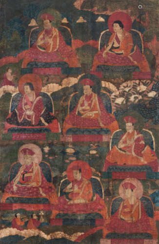 17世纪 达隆噶举上师唐卡 （一套两幅） 棉布矿物胶彩
