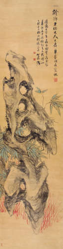 胡公寿 1855年作 寿石图 立轴 设色绢本