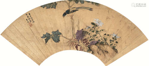 王武 1672年作 花鸟 扇框 设色泥金