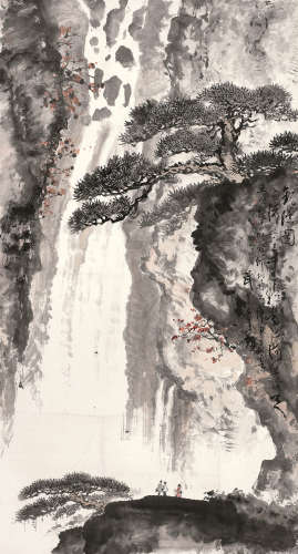 亚明魏紫熙武中奇  1980年作 观瀑图 立轴 设色纸本