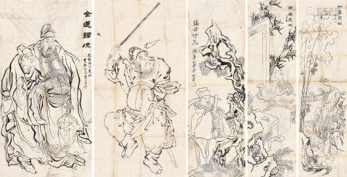黄山寿  1886年作 白描粉本 （八张选五） 纸片 水墨纸本