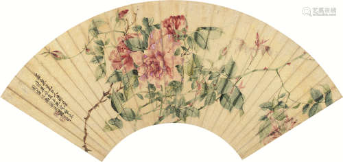 汤世澍 1880年作 花卉 扇面 设色纸本