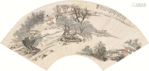 钱杜 1843年作 水村图 扇面镜片 设色纸本