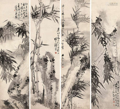 许鴹  1887年作 四季竹 屏轴 水墨纸本
