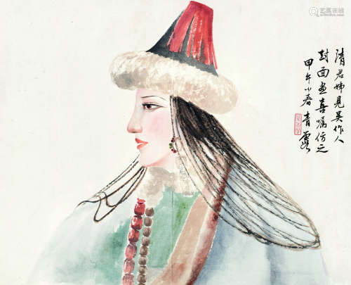 吴青霞 1954年作 仕女 镜框 设色纸本