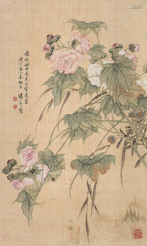 汤世澍  1897年作 花卉 立轴 设色绢本