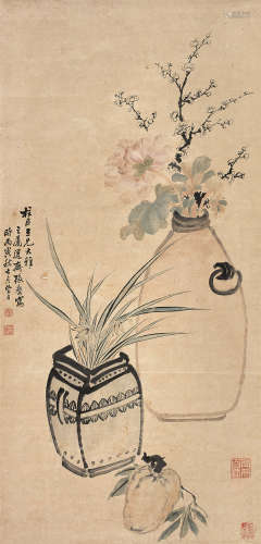 张槃  1866年作 清供 立轴 设色纸本