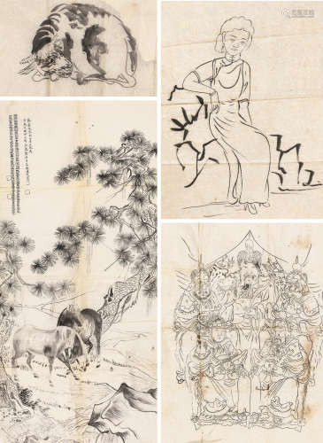 戈湘岚  1928年作 白描粉本 （五张选四） 纸片 水墨纸本