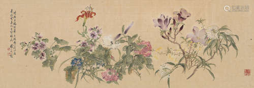 汤世澍  1900年作 花卉 横披 设色绢本