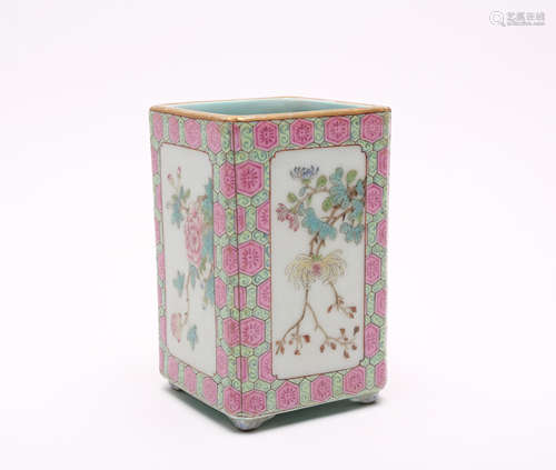 A Chinese Famille Rose Square Porcelain Brush Pot