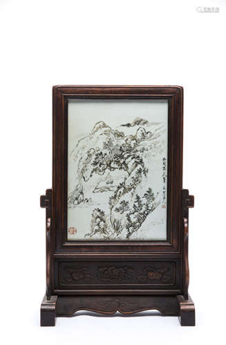 A Chinese Hardwood Screen with Porcelain Plaque Insert