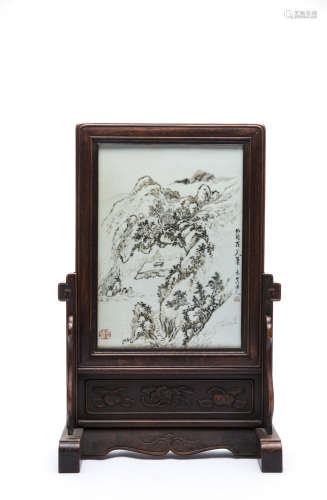 A Chinese Hardwood Screen with Porcelain Plaque Insert
