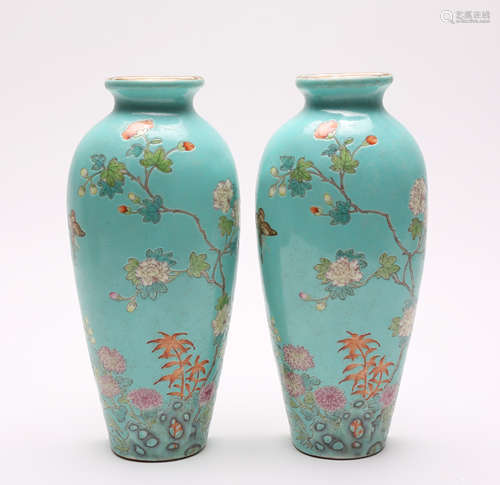 A Pair Of Chinese Famille Rose Turquoise-Ground Wall Vases