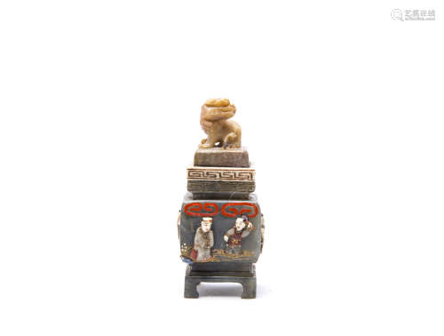 A Chinese Carved Shoushan Stone Square Vase with Cover