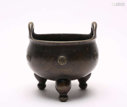 A Chinese Inscribed Bronze Tripod Incense Burner