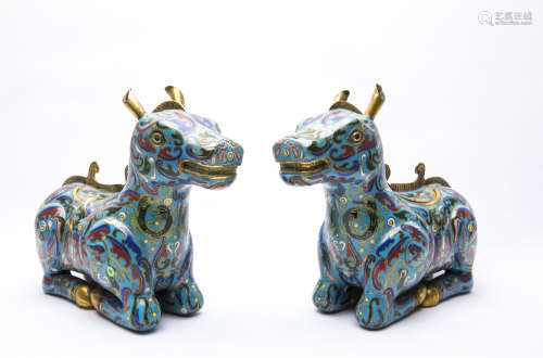 A Pair of Chinese Cloisonne Rino Shape Incense Burners