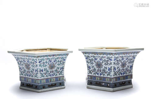 A Pair of Blue and White Porcelain Planters