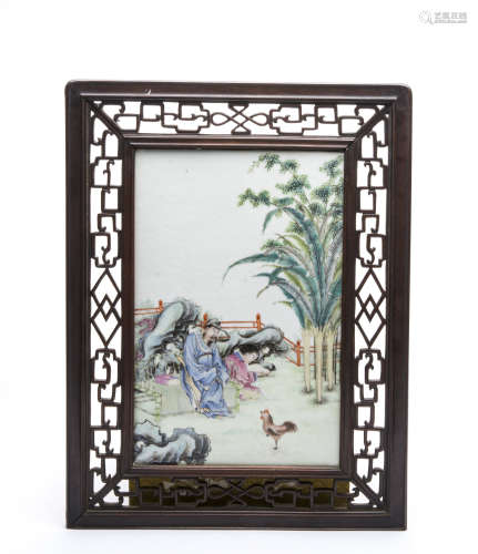 A Chinese Famille Rose Porcelain Hanging Screen with Hardwood Frame