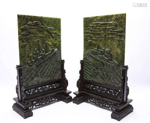 A Pair of  Chinese Carved Hardwood Table Screens with Jade Insert