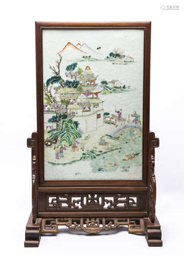 A Chinese Hardwood Screen with Famille Rose Porcelain Insert