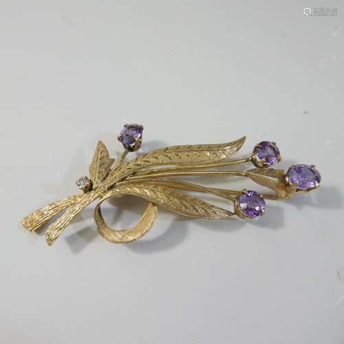 18K GOLD DIAMOND AND AMETHYST LEAF PIN BROOCH 7.5 GRAMS