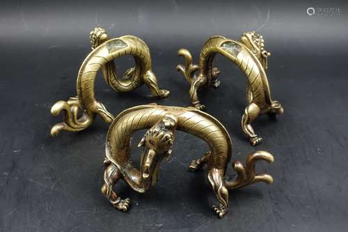 CHINESE BRONZE CHILONG DRAGON STAND, 3 SET