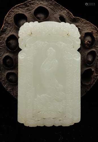 CHINESE WHITE JADE PLAQUE CARVED GUANYIN