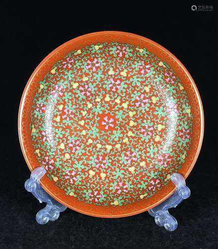 CHINESE CORAL GROUND FAMILLE ROSE PLATE