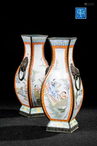 PAIR OF CHINESE ENAMEL ON BRONZE SQUARE VASES