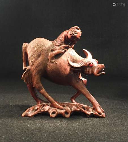 CHINESE HUANGYANG WOOD CARVED BOY ON WATER BUFFALO