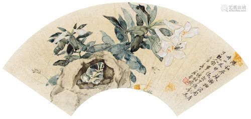 居廉 己丑（1889年）作 蜜蜂百合 镜框 设色纸本