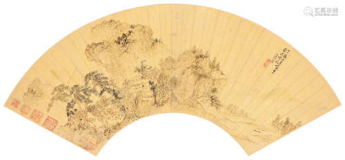 张宏 丁亥（1647年）作 山水 扇面 设色金笺