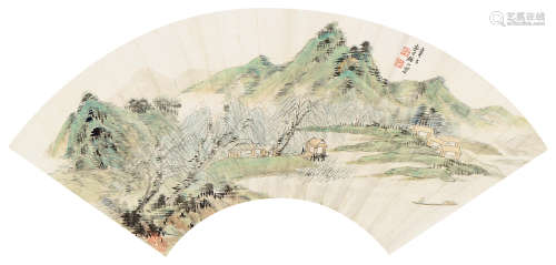 李研山 辛巳（1941年）作 青绿山水 扇面 设色纸本
