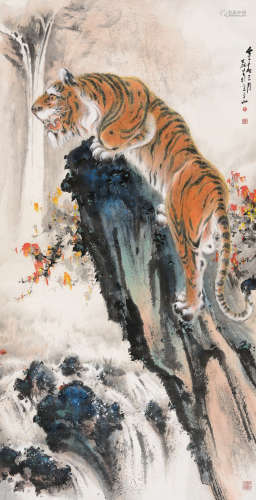 黄磊生 壬子（1972年）作 虎 立轴 设色纸本