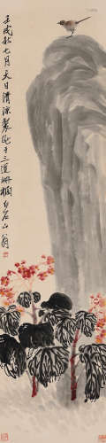 齐白石 壬戌（1922年）作 海棠幽鸟 立轴 设色纸本