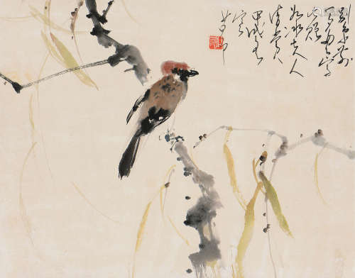 赵少昂 甲戌（1934年）作 柳雀 立轴 设色纸本