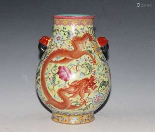 Chinese Famille Rose Red Dragon Squat Vase