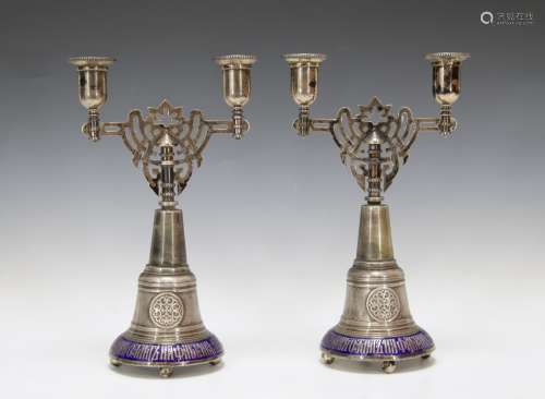Pair of Russian Silver Enamel Candle Sticks