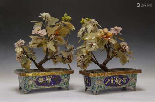 \\Pair of 19th C.Chinese Cloisonne Planter w/ Jade