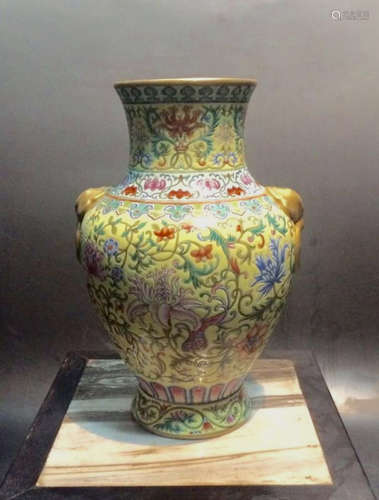 Chinese Yellow Underglaze Famille Rose Squat Vase