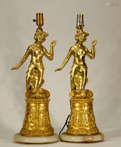 Pair of French White Metal Gilt Lamps w/ Figures